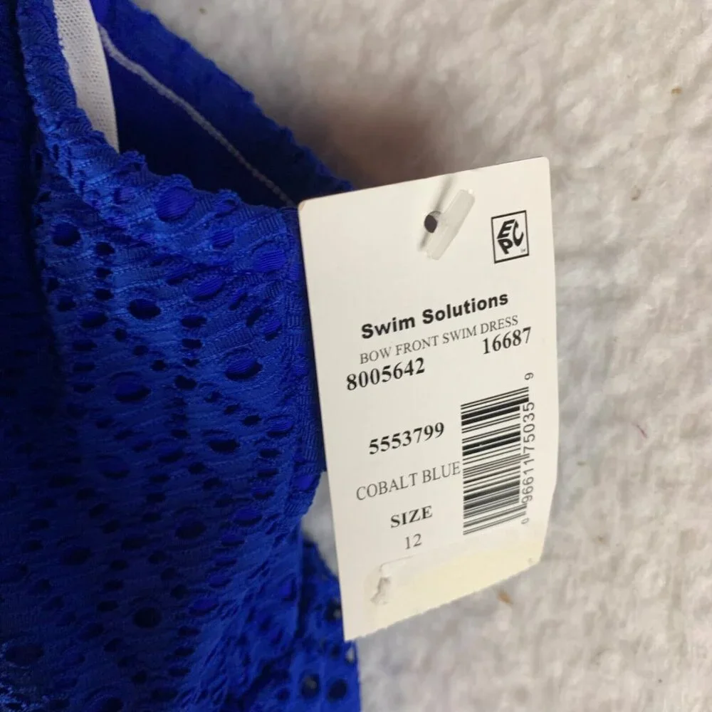 Swim Solutions Women's Bow Front Sleeveless Crochet Cobalt Blue Swim Dress Sz 12 - Picture 4 of 11